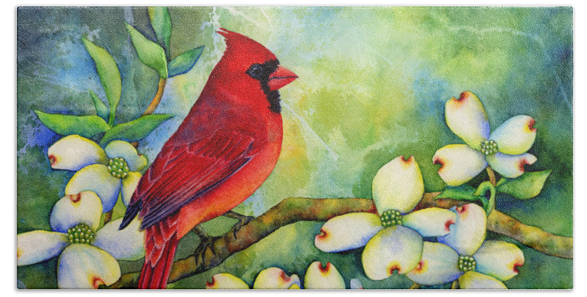 Cardinal Beach Towel featuring the painting Cardinal on Dogwood by Hailey E Herrera