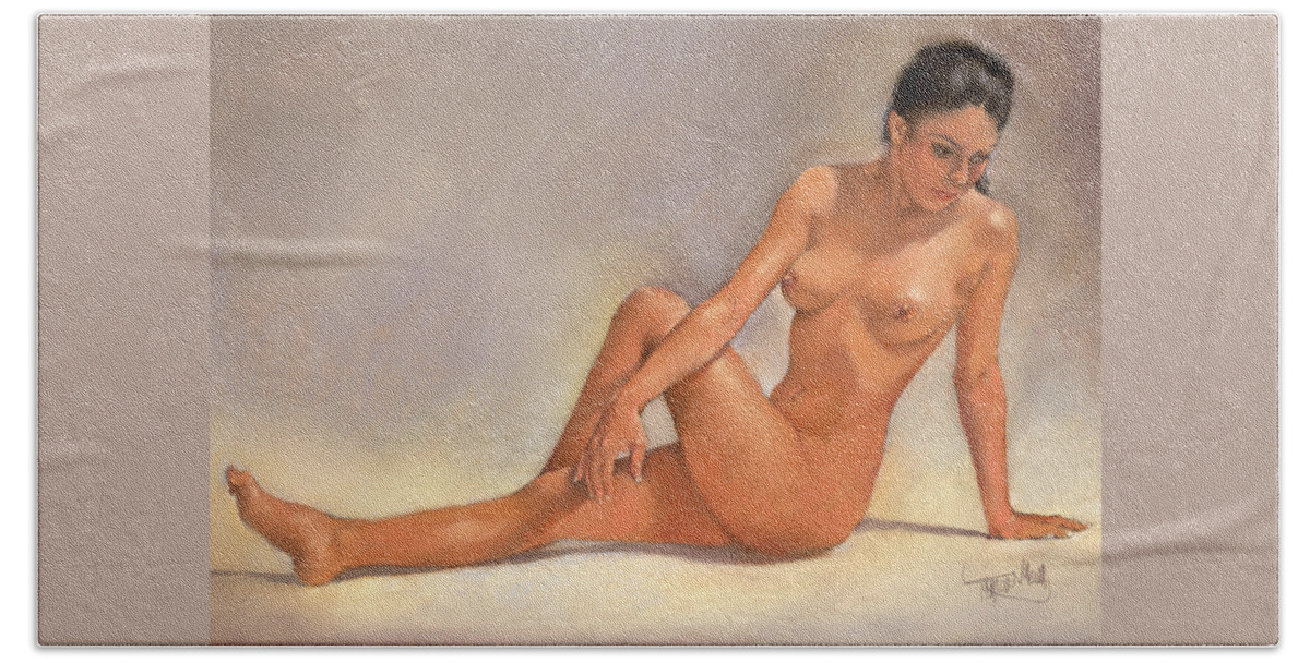 Nude. Female Beach Sheet featuring the painting Carmen by Margaret Merry
