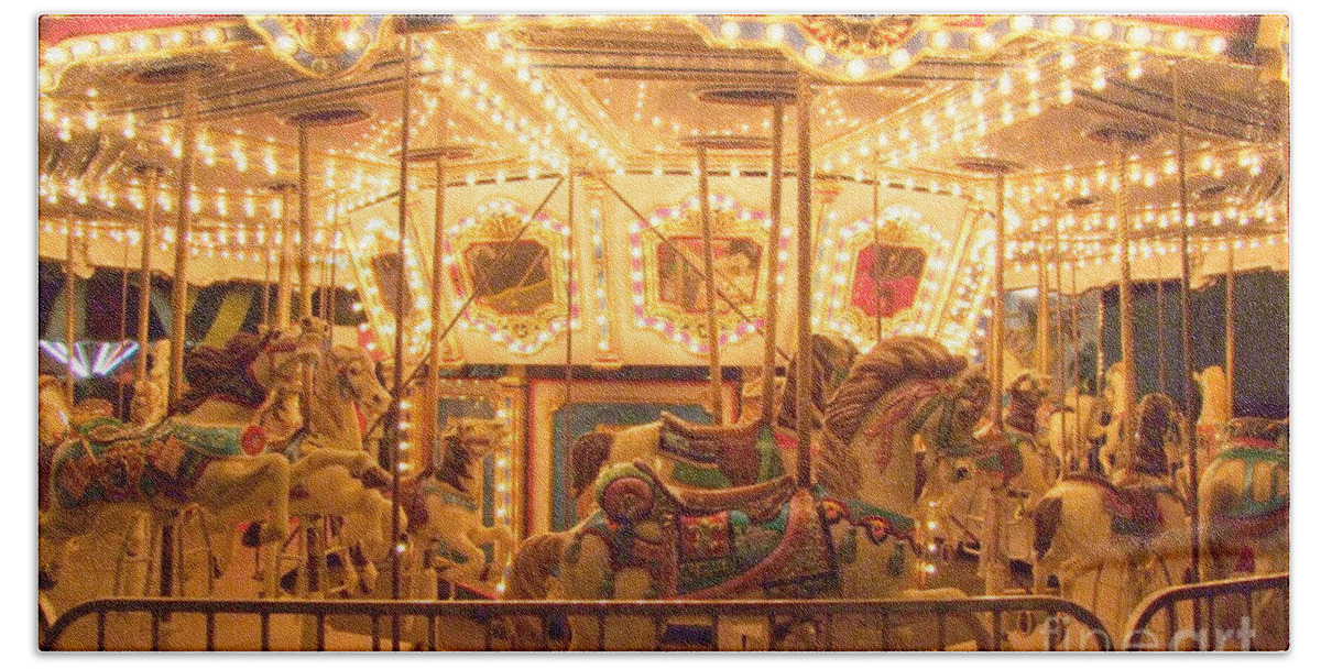 Carousel Night Lights Beach Towel featuring the photograph Carousel Night Lights by Mary Deal