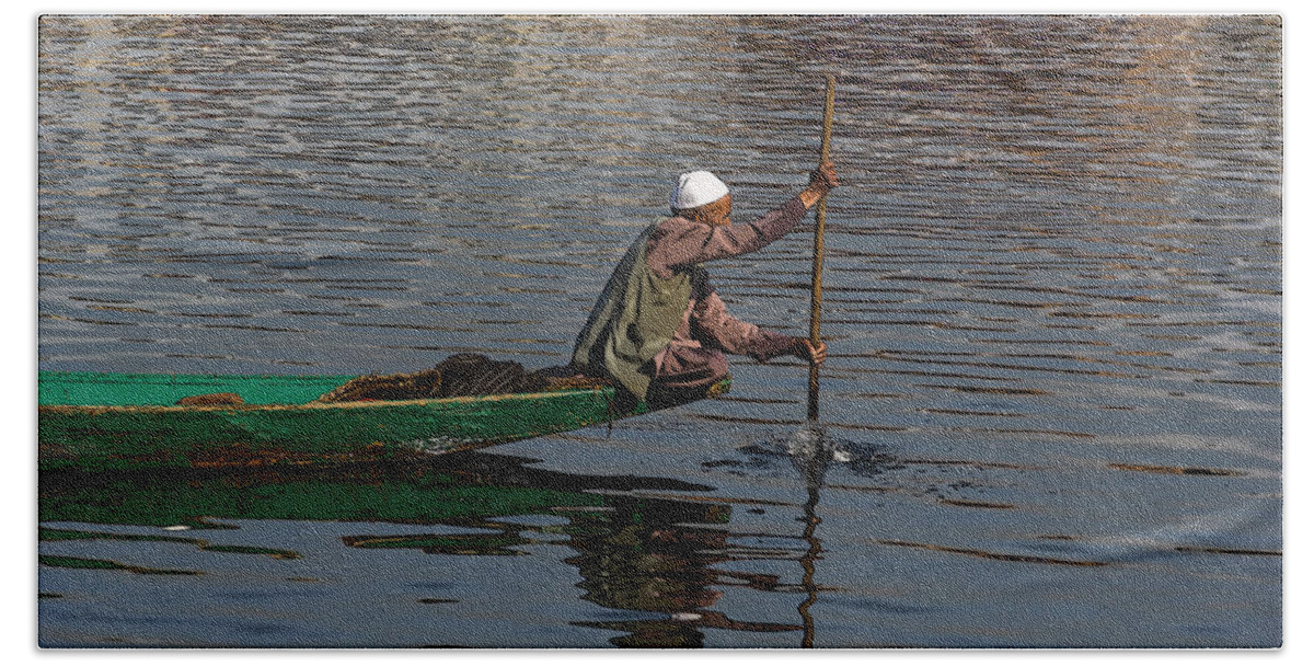 Beautiful Scene Beach Towel featuring the digital art Cartoon - Man plying a wooden boat on the Dal Lake by Ashish Agarwal