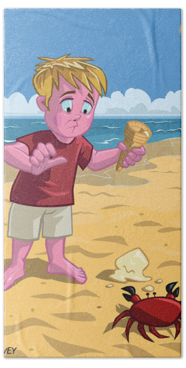 Beach Beach Sheet featuring the digital art Cartoon Boy With Crab On Beach by Martin Davey
