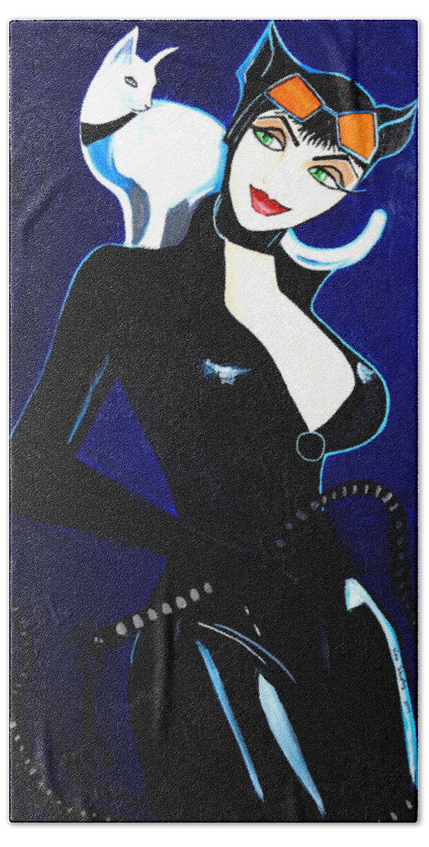 Cat Women Beach Towel featuring the painting Comic Cat Woman by Nora Shepley