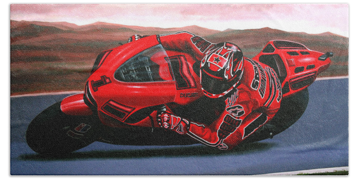 Casey Stoner On Ducati Beach Towel featuring the painting Casey Stoner on Ducati by Paul Meijering