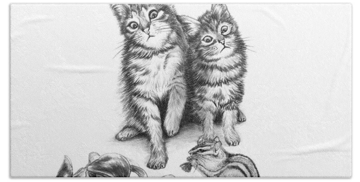 Cat Chips Beach Towel featuring the drawing Cat Chips by Peter Piatt
