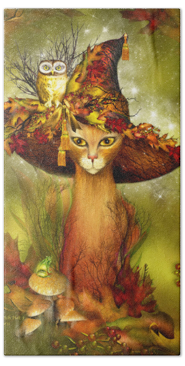 Carol Cavalaris Beach Towel featuring the mixed media Cat In Fancy Witch Hat 3 by Carol Cavalaris