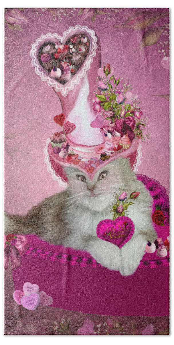 Cat Art Beach Towel featuring the mixed media Cat In Valentine Candy Hat by Carol Cavalaris