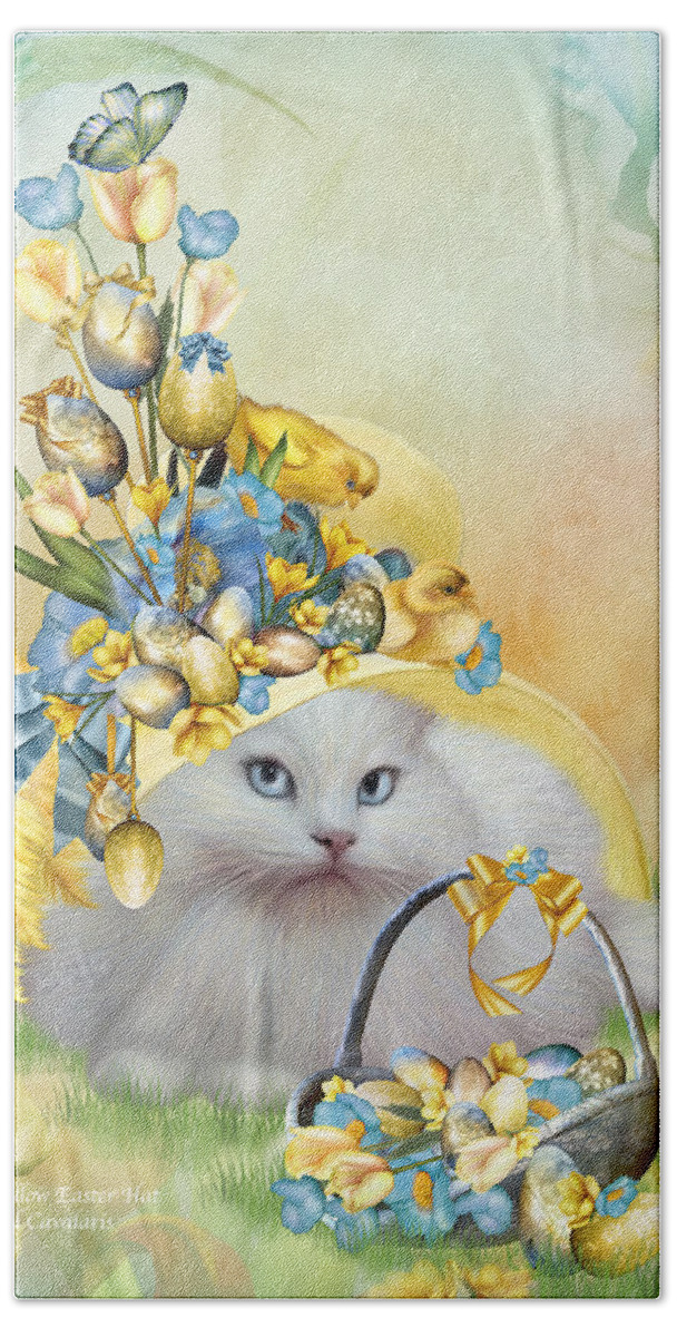 Cat Beach Towel featuring the mixed media Cat In Yellow Easter Hat by Carol Cavalaris