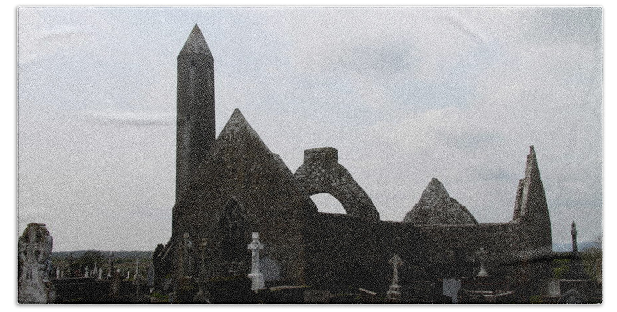 Monastery Beach Towel featuring the photograph Cathedral Ruin at Kilmacduagh by Christiane Schulze Art And Photography