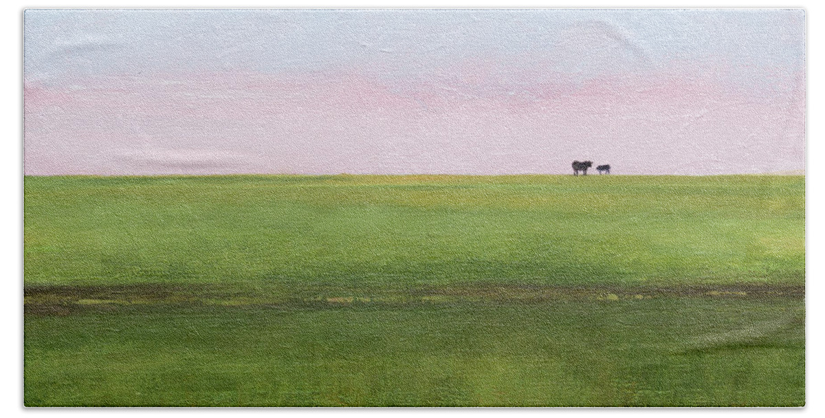 Levee Beach Towel featuring the painting Cattle on the Levee by Paul Gaj