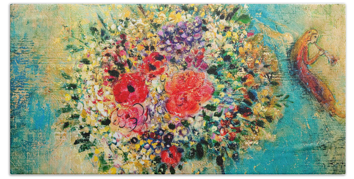 Flower Beach Towel featuring the painting Celebration by Shijun Munns