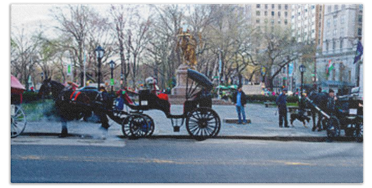 Animal Beach Sheet featuring the photograph Central Park Horse Carriage Station Panorama by Thomas Marchessault