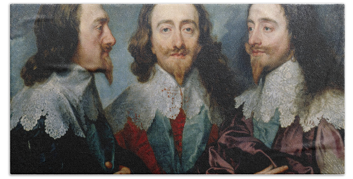 Anthony Van Dyck Beach Towel featuring the painting Charles I in Three Positions by Anthony van Dyck