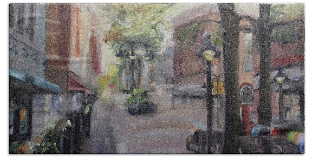 Mall Beach Towel featuring the painting Charlottesville's Historic Downtown Mall by Donna Tuten