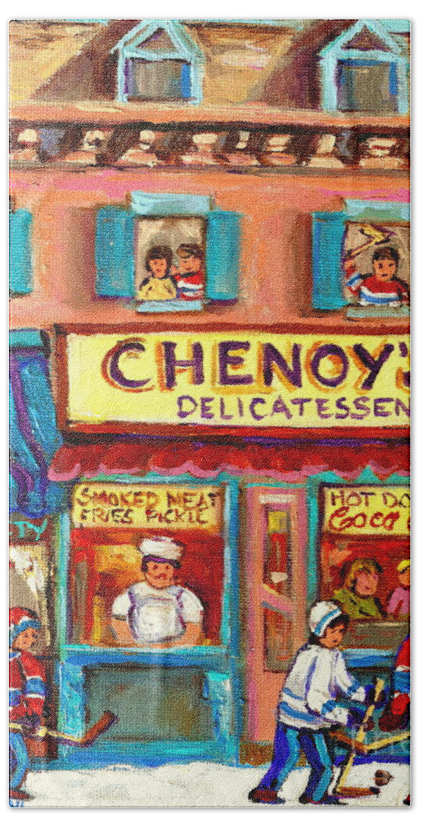 Paintings Of Chenoy's Deli Montreal Restaurants Beach Towel featuring the painting Chenoys Delicatessen Montreal Landmarks Painting Carole Spandau Street Scene Specialist Artist by Carole Spandau