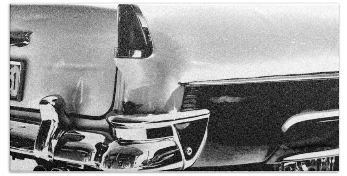 Chevy Beach Towel featuring the photograph Chevy Car Art Black and White Rear View by Lesa Fine