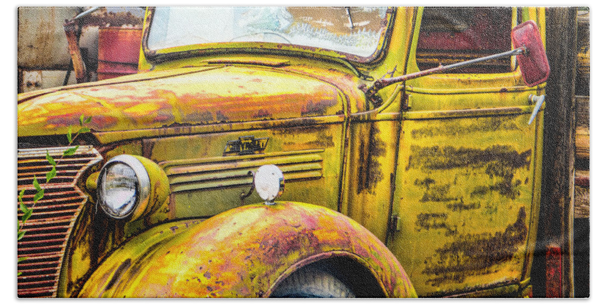 Steven Bateson Beach Towel featuring the photograph Chevy Truck Burnt Yellow by Steven Bateson