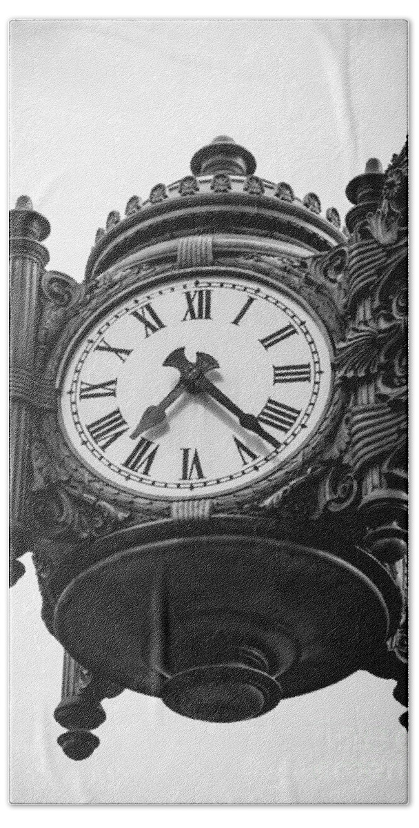 America Beach Towel featuring the photograph Chicago Macy's Marshall Field's Clock in Black and White by Paul Velgos