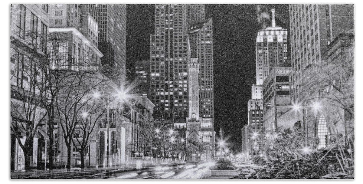 Chicago Beach Sheet featuring the painting Chicago Michigan Avenue Light Streak Black and White by Christopher Arndt