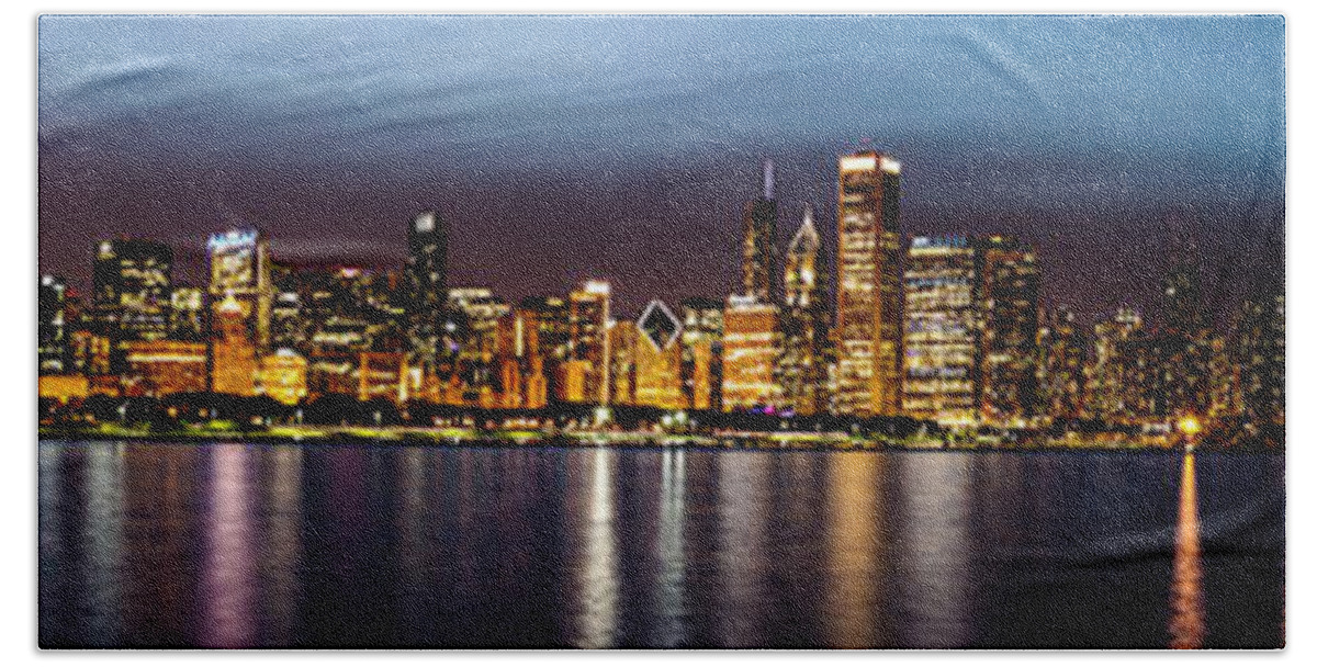 Chicago Beach Towel featuring the photograph Chicago Skyline at Night Panoramic by Josh Bryant