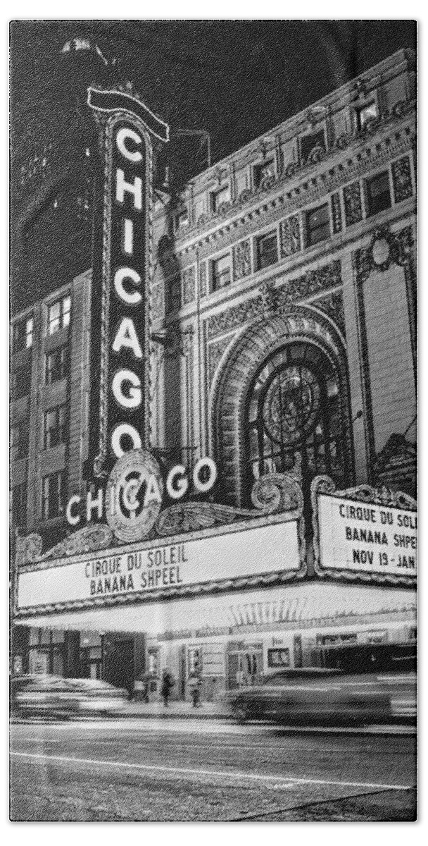 Chicago Beach Sheet featuring the photograph Chicago Theatre Marquee Sign at Night Black and White by Christopher Arndt