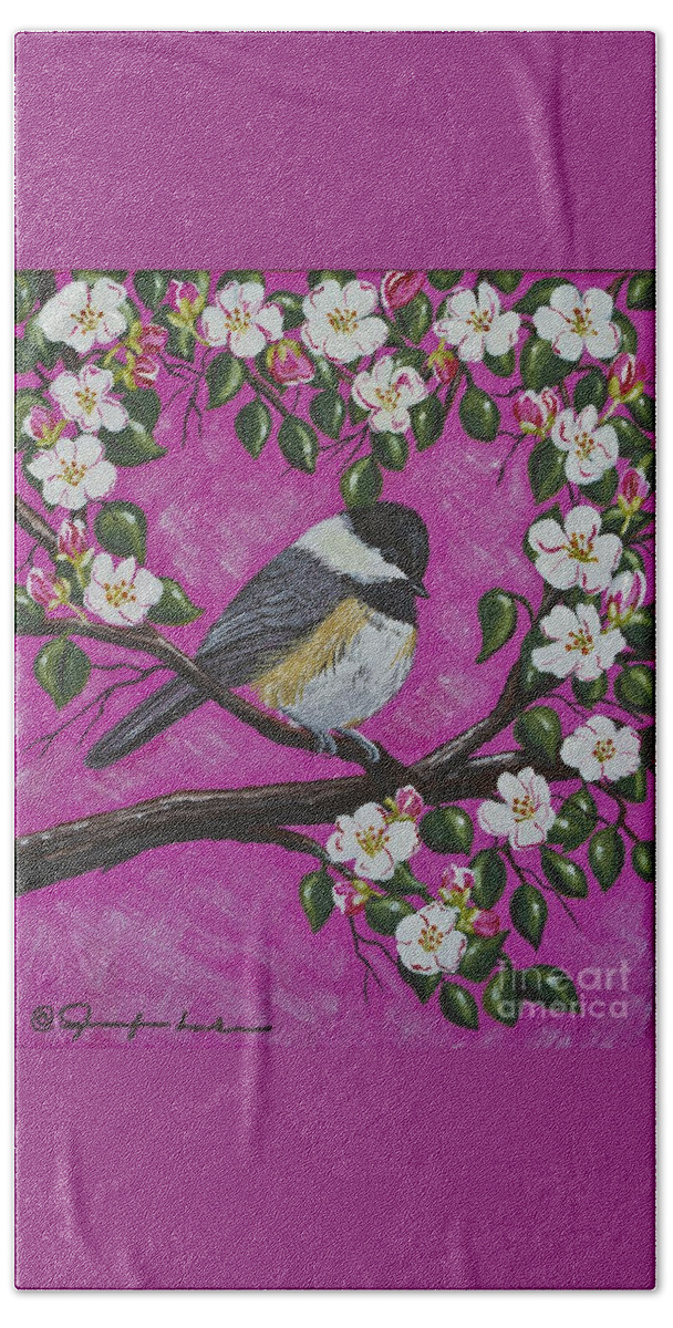 Chickadee Beach Sheet featuring the painting Chickadee in Apple Blossoms by Jennifer Lake