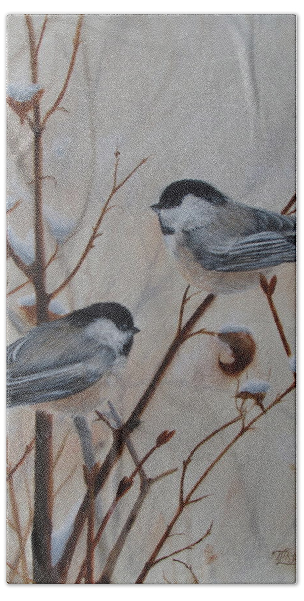Birds Beach Towel featuring the painting Chickadees by Tammy Taylor