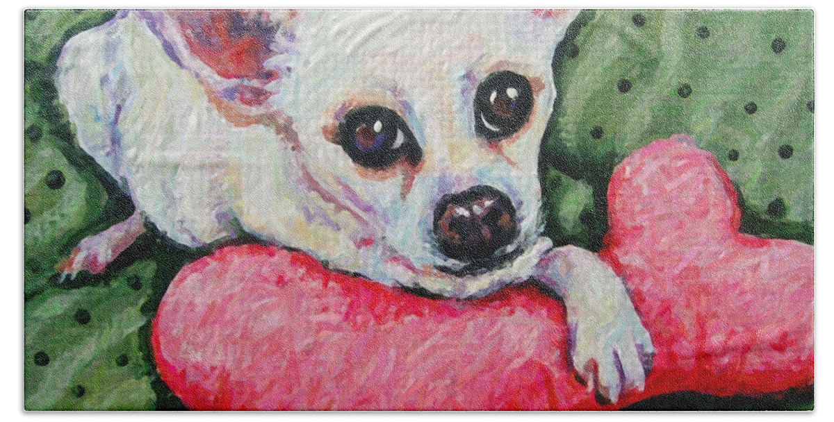 Rebecca Korpita Beach Towel featuring the painting Chihuahua Who Came to Visit by Rebecca Korpita