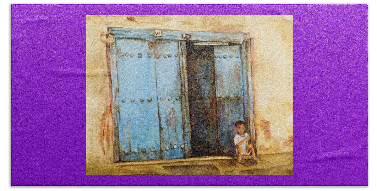 Doorway Beach Towel featuring the painting Child sitting in old Zanzibar doorway by Sher Nasser