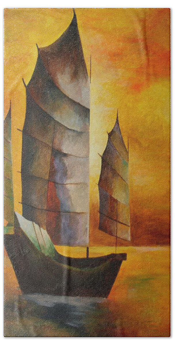 Sailboat Beach Sheet featuring the painting Chinese Junk In Ochre by Taiche Acrylic Art