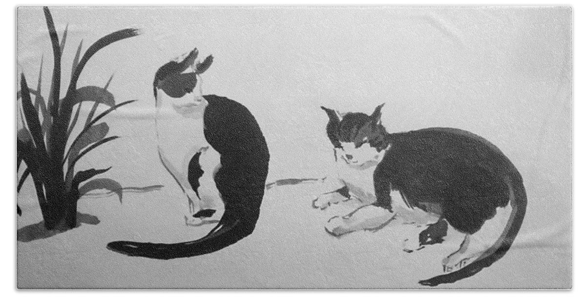 Chinese Ink Painting Beach Sheet featuring the painting Chinese painting cats by Asha Sudhaker Shenoy