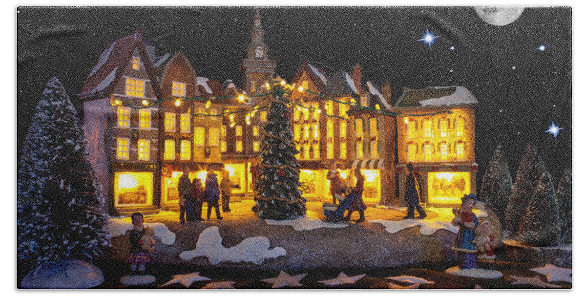 Advent; Architecture; Beautiful; Bedford; Bows; Building; Characters; Christmas; Church; Colorful; Commons; Composite; Dark; Decoration; Display; Exterior; Facade; Fake; Festive; Glow; Holiday; Home; Horizontal; Houses; Illumination; Inside; Lanterns; Lights; Lit; Moon; Night; Puppets; Scene; Scenic; Season; Small; Snow; Square; Stars; Statue; Street; Town; Travel; Trees; Vacations; Village; White; Windows; Winter; Yellow; Beach Towel featuring the photograph Christmas Village by Semmick Photo