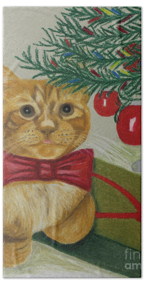 Christmas With Rufus By Annette M Stevenson Beach Towel featuring the painting Christmas With Rufus by Annette M Stevenson