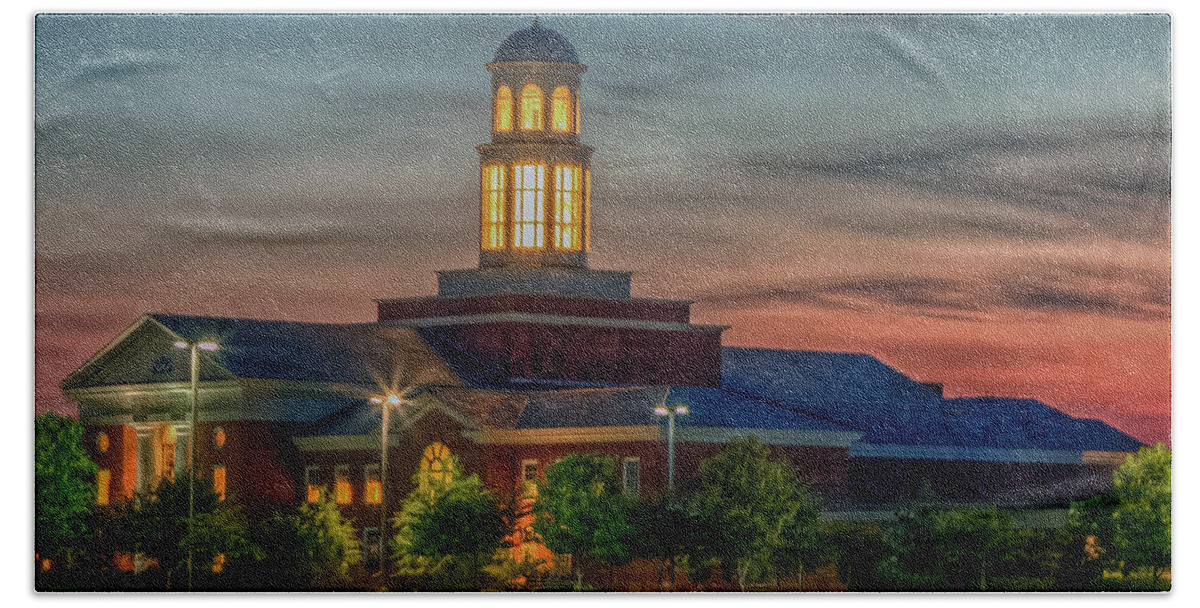 Library Beach Towel featuring the photograph Christopher Newport University Trible Library at Sunset by Jerry Gammon