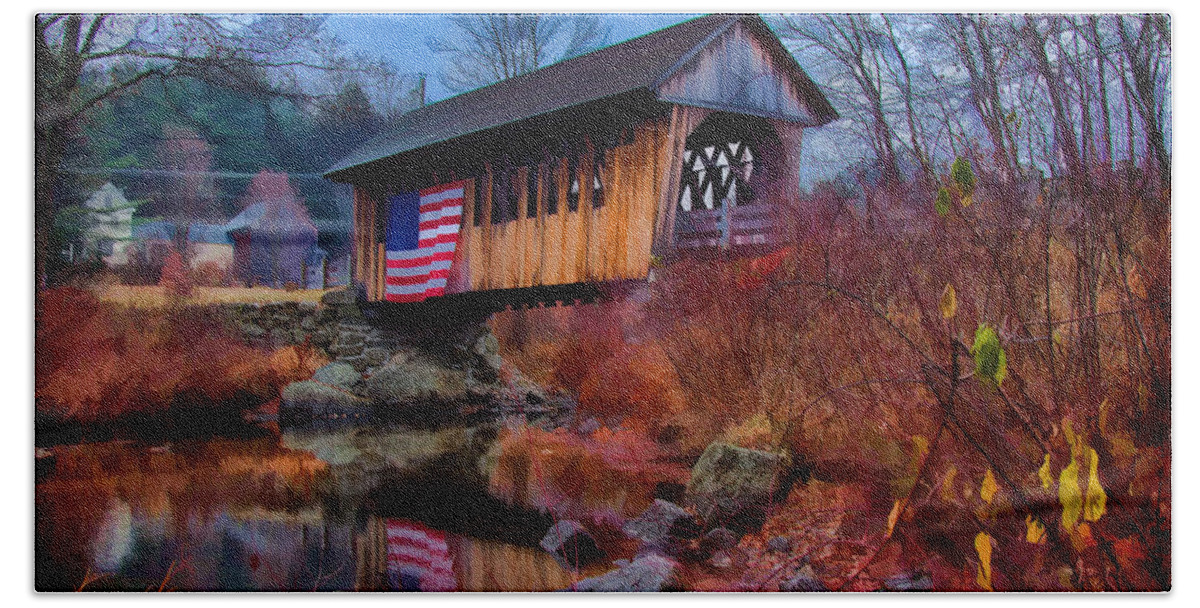 Autumn Beach Towel featuring the photograph CilleyVille covered bridge by Jeff Folger
