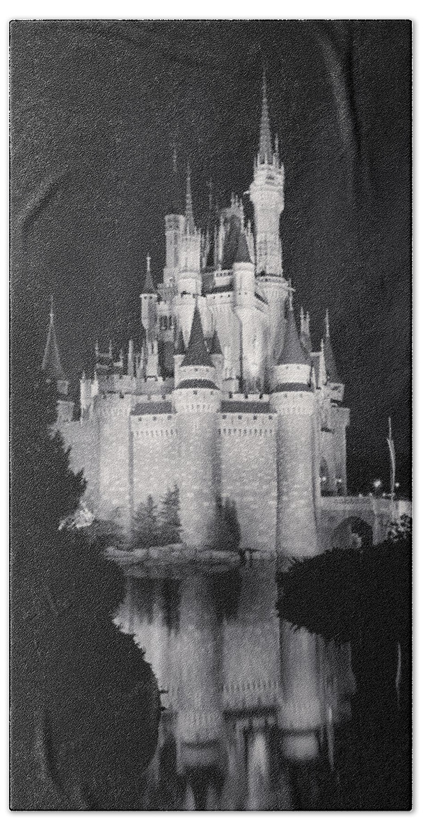 3scape Beach Sheet featuring the photograph Cinderella's Castle Reflection Black and White by Adam Romanowicz
