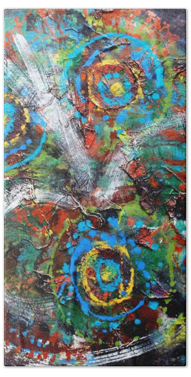 Mixed Media Beach Towel featuring the painting Circles to the Third Power by Cleaster Cotton