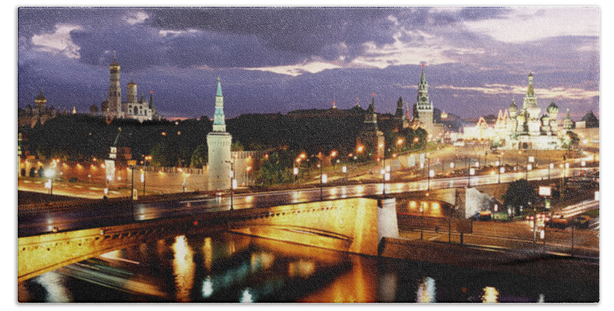 Photography Beach Towel featuring the photograph City Lit Up At Night, Red Square by Panoramic Images