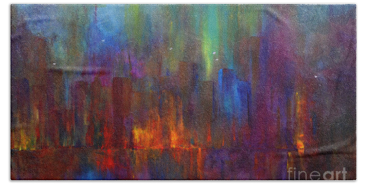 City Beach Towel featuring the painting City Nights by Claire Bull