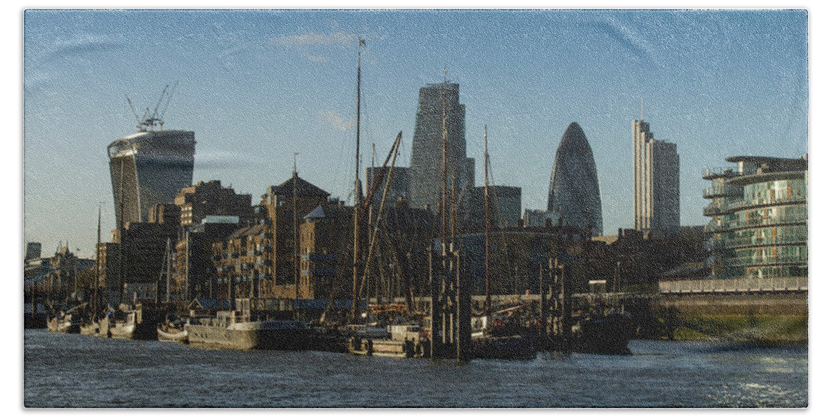 Cheese Grater Building Beach Towel featuring the photograph City of London river barges Wapping by Gary Eason