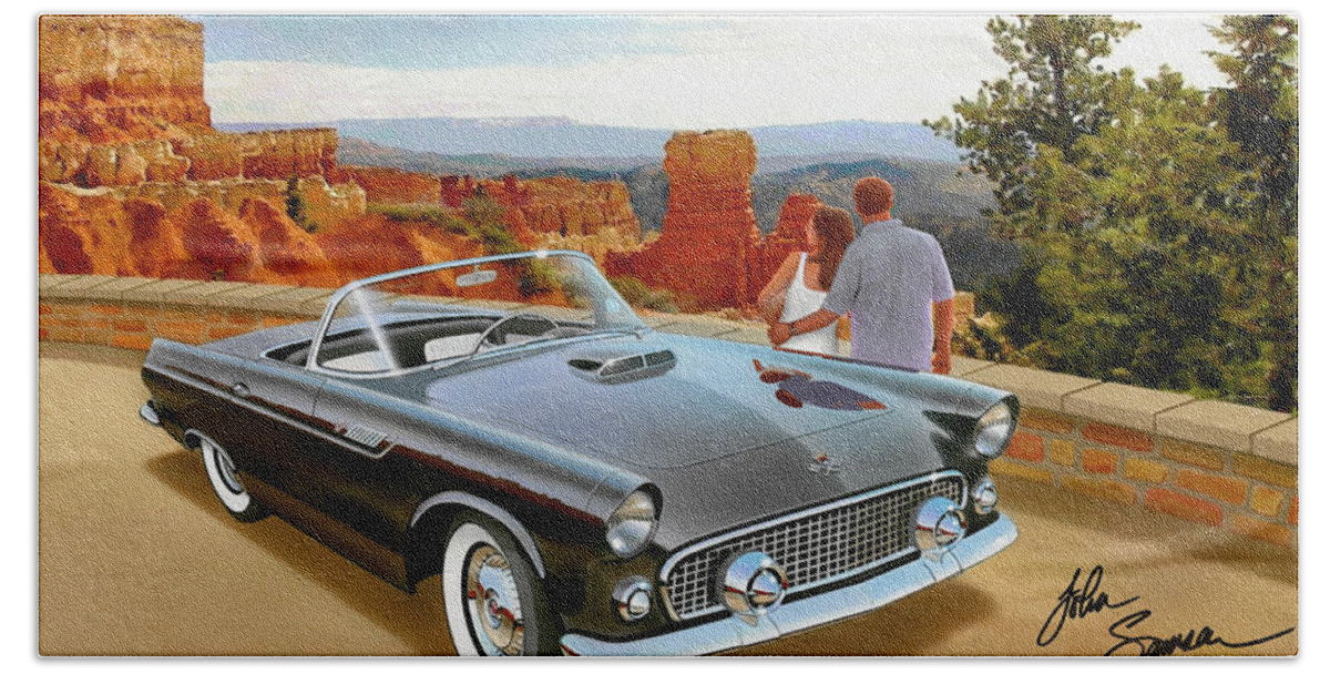 Automotive Fine Art Beach Towel featuring the painting Classic 1955 Thunderbird at Bryce Canyon black by John Samsen