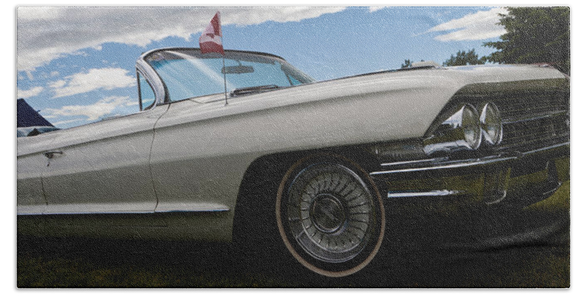 Custom Car Show Shine Classic Ford Blue Granum Alberta Canada Chrome Bumper Fender Detail American Automobile Antique Auto Beach Towel featuring the photograph Classic convertible by Mick Flynn