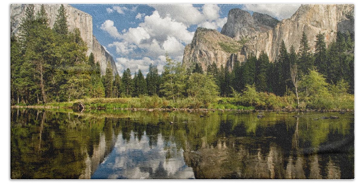 Water Reflection River Mountains Yosemite National Park Sierra Nevada Landscape Scenic Nature California Sky Clouds Clouds Day Beach Sheet featuring the photograph Classic Valley View by Cat Connor