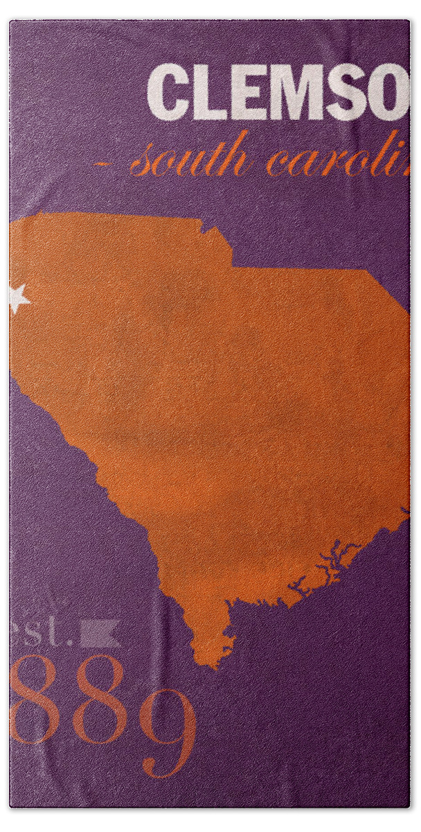 Clemson University Beach Towel featuring the mixed media Clemson University Tigers College Town South Carolina State Map Poster Series No 030 by Design Turnpike