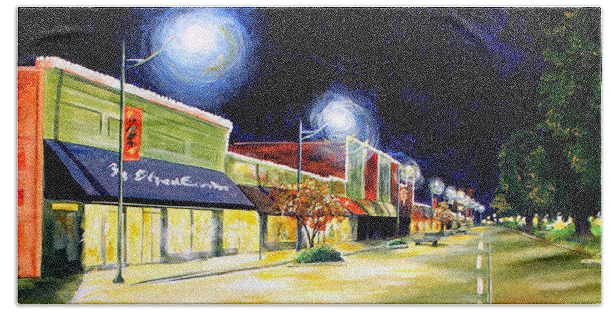 Cleveland Mississippi Beach Towel featuring the painting Cleveland Mississippi at Night by Karl Wagner