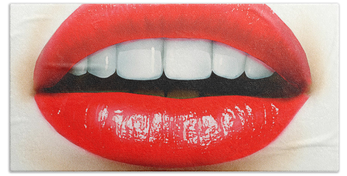 Adult Beach Towel featuring the photograph Close Up Of Mouth, Teeth And Red Lips by Ikon Ikon Images
