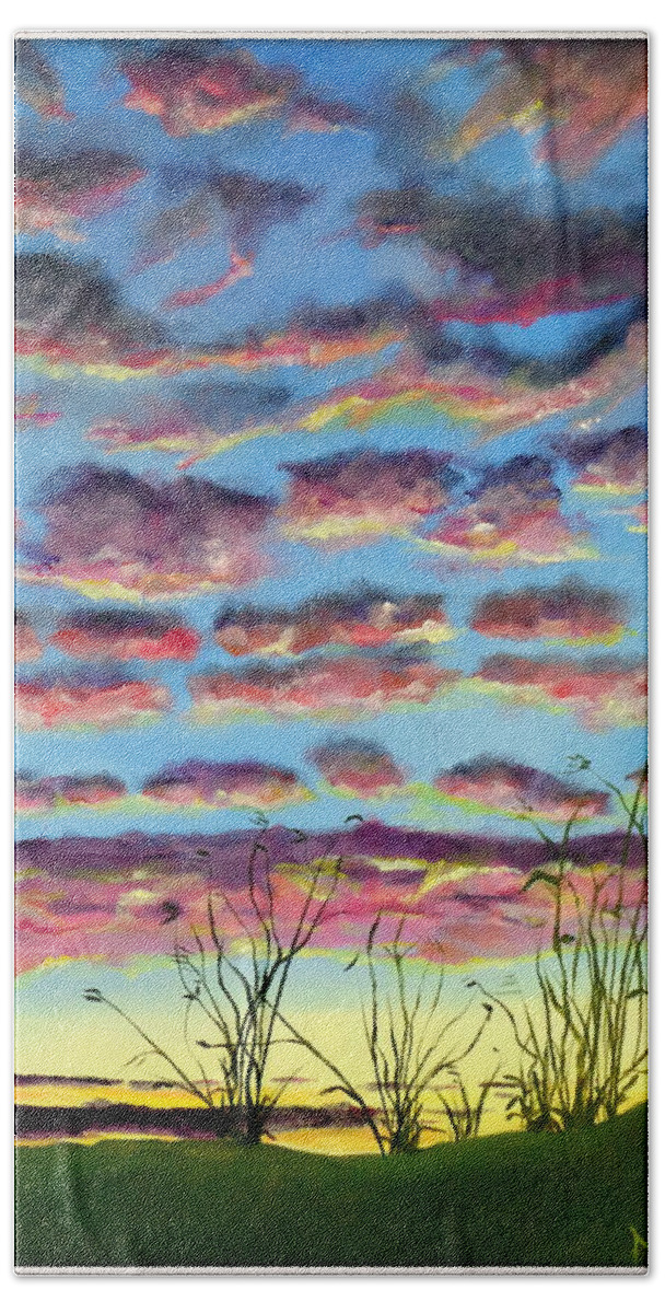 Clouds At Sunset Painting Beach Towel featuring the painting Clouds at Sunset by Deborah Naves