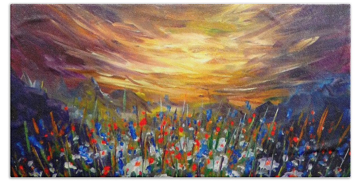 Original Art Beach Sheet featuring the painting Cloudy sunset in Valley by Lilia S