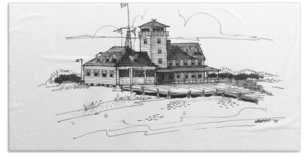 Coast Guard Stations Beach Towel featuring the drawing Coast Guard Station 2 Ocracoke 1970s by Richard Wambach