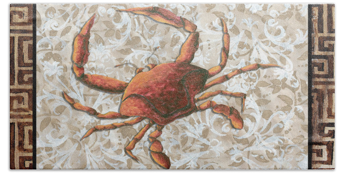 Coastal Beach Towel featuring the painting Coastal Crab Decorative Painting Greek Border Design by MADART Studios by Megan Aroon