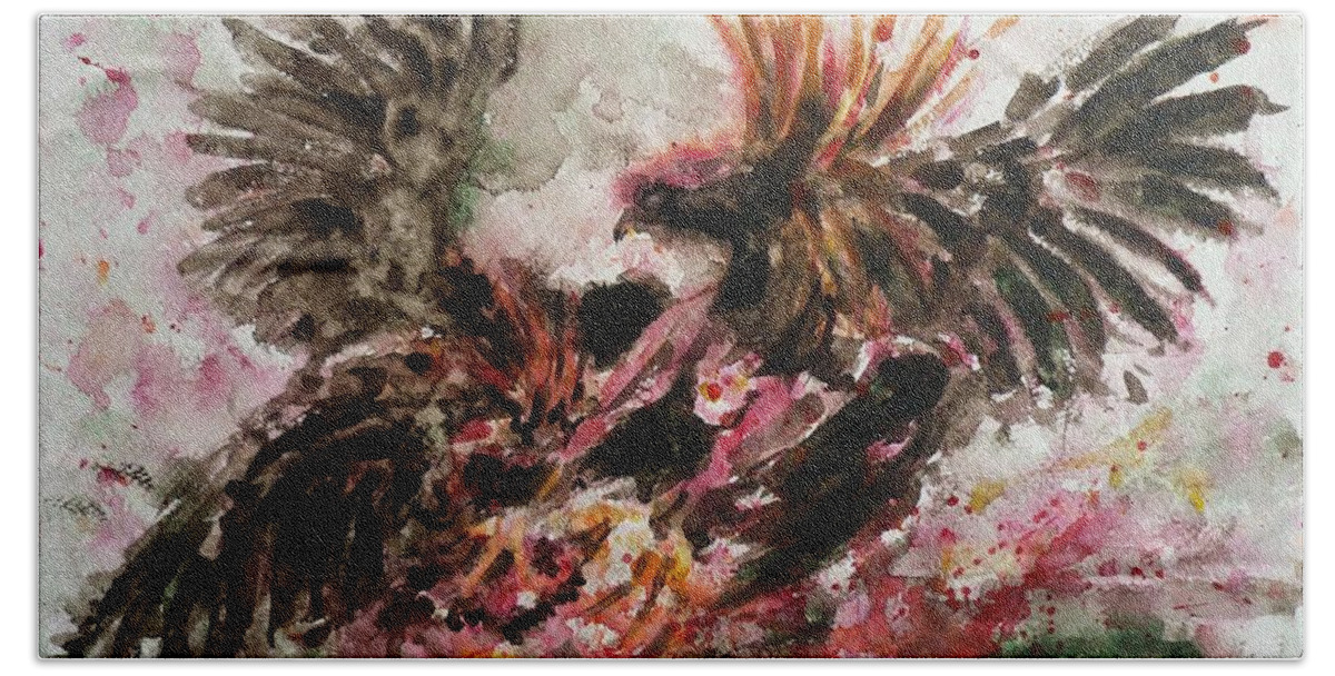 Fighting Roosters Beach Sheet featuring the painting Cockfight by Zaira Dzhaubaeva